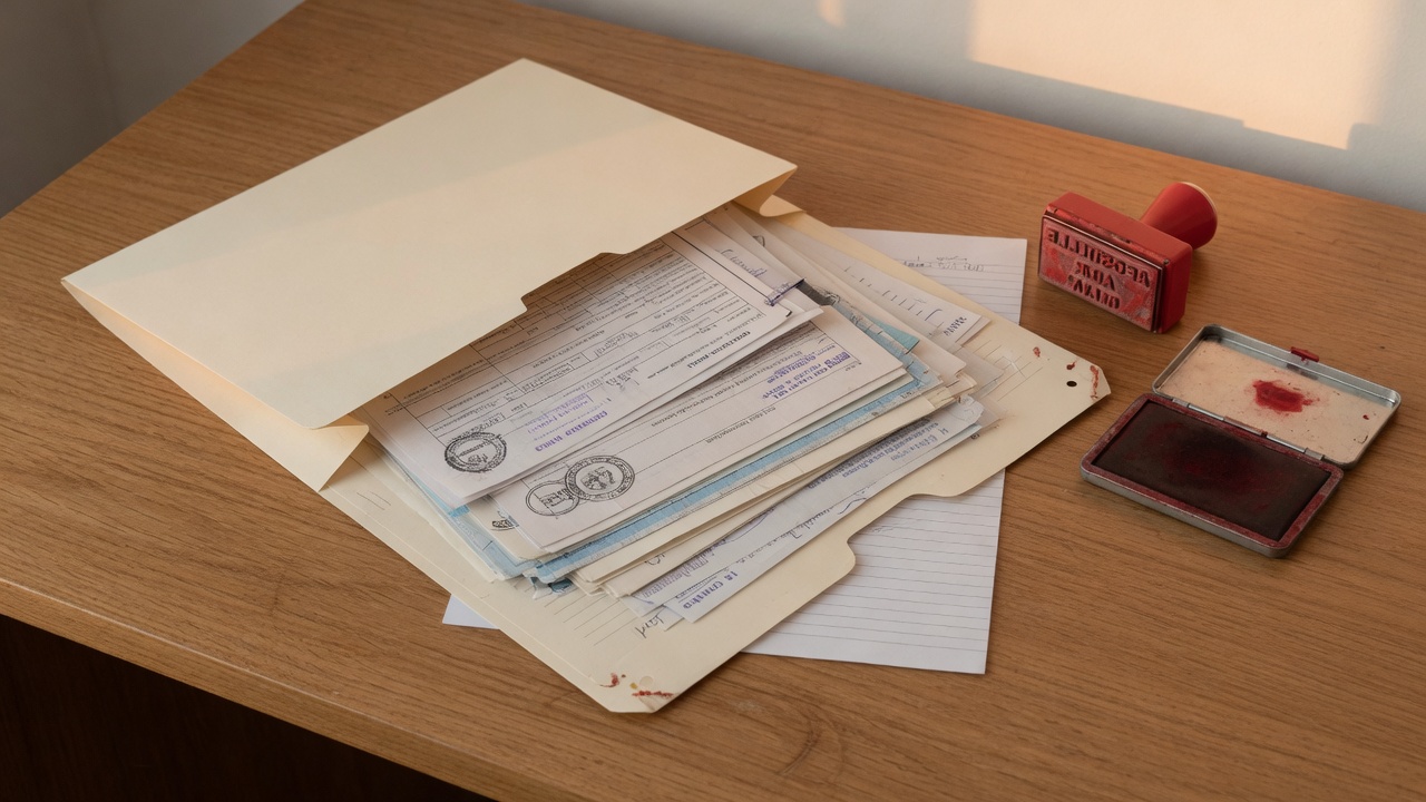 Pasta de documentos sobre a mesa, carimbo vermelho ao lado.